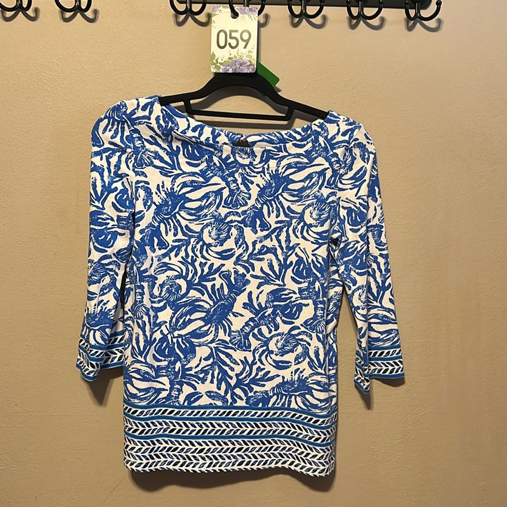 Lilly Pulitzer Blue and White Floral Boatneck Top